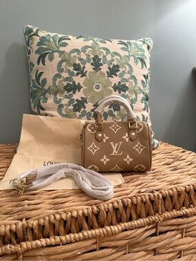 L V Tan & White Nano Speedy Crossbody